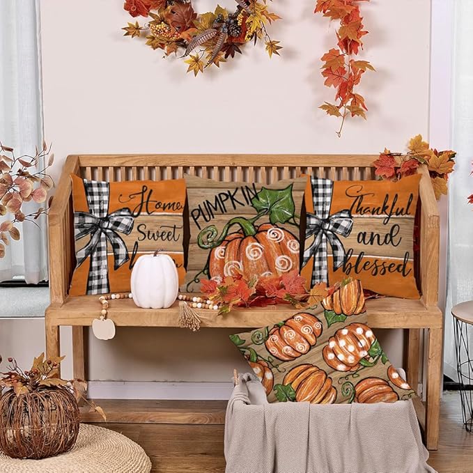 GEEORY Fall Home Sweet Home Pumpkin Throw Pillow Covers 20x20 Inch Set of 4, Thankful and Blessed Autumn Holiday Seasonal Striped Decorative Farmhouse Cushion Cases for Home Decoration G645-20