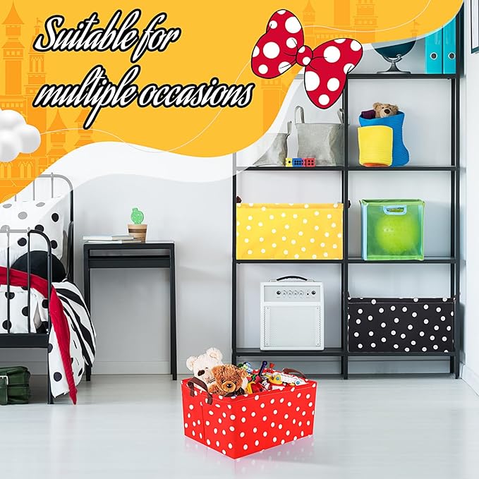 3 Pack Cartoon Mouse Storage Baskets Waterproof Canvas with Leather Handles Storage Bins Basket Organizer Collapsible for Closet Clothes Room School Red Yellow Black Dot Decor