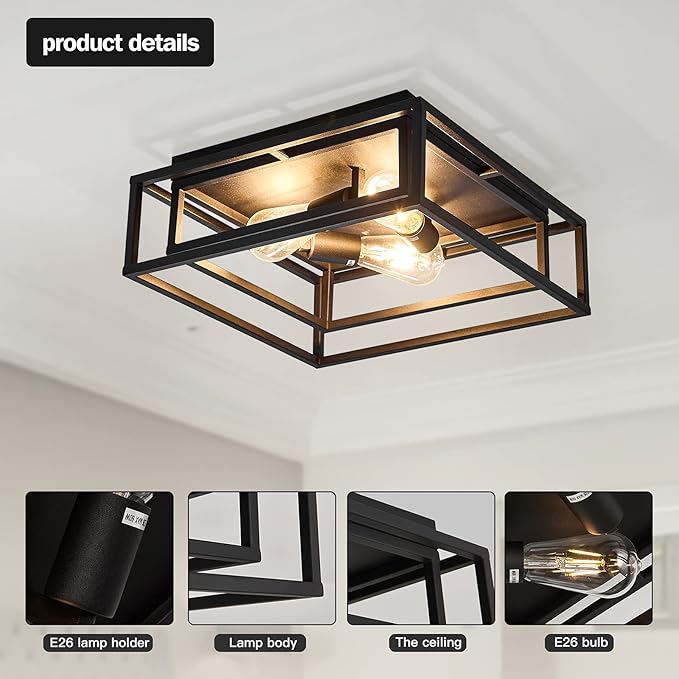 ZGLAOJT Black Flush Mount Ceiling Light Fixture，3-Light Industrial Metal Close to Ceiling Lights，Farmhouse Lighting for Hallway Bedroom Kitchen Dining Room
