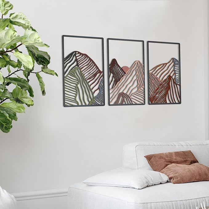 Peryiter 3 Pcs Metal Wall Art Decor Landscape Mountain Wall Hanging Decor for Living Room Abstract Minimalist Modern Mountain Line Pictures Summer Bathroom Office Home Gifts Indoor(Colorful)