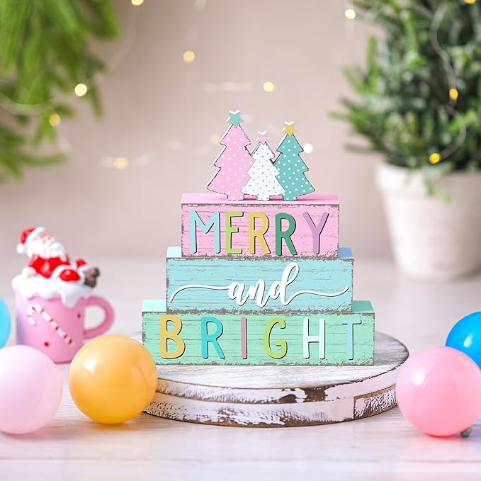 Geelin 4 Pcs Christmas Tree Table Sign Candy Color Wooden Decorative Signage Xmas Tiered Tray Decor Christmas Centerpieces Farmhouse Wooden Block Set Xmas Table Sign for Home