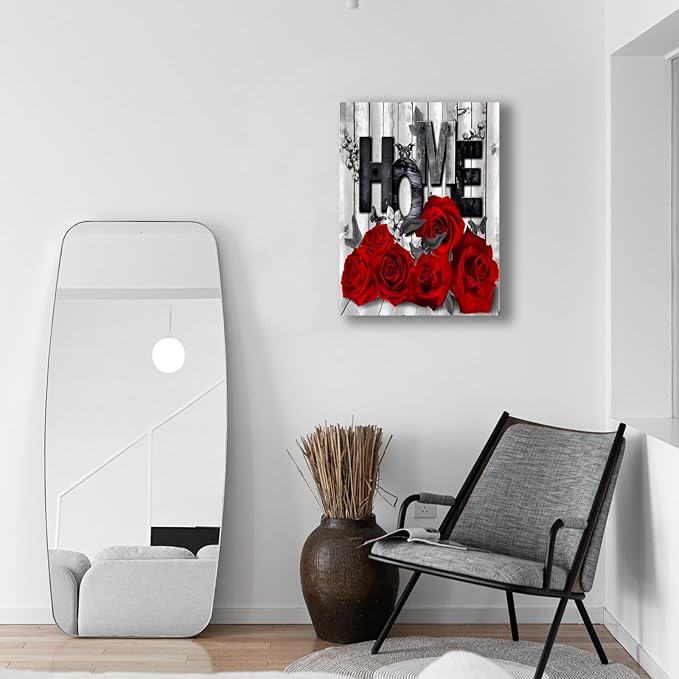 Floral Canvas Wall Art 12x16 Inch - Modern Red Rose Botanical Print for Bathroom, Couples Bedroom, Living Room, Kitchen - Vintage Farmhouse Style Home Decor