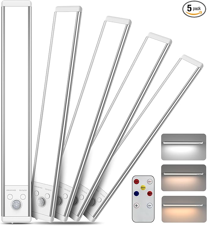 Chasesun 9.6inch Under Cabinet Lights, LED Motion Sensor Closet Light, Wireless USB-C Rechargeable Under Counter Lights 3 Color Temperatures & Adjustable Brightness, Magnetic Mount for Kitchen, 5 Pack