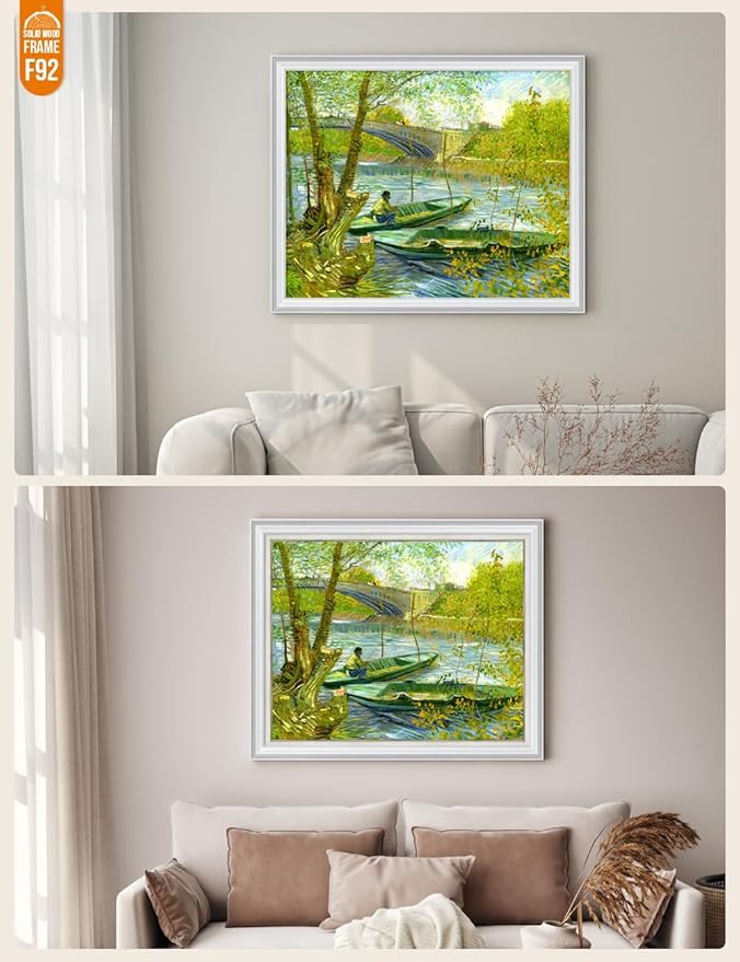 DECORARTS - Fishermen And Boats From The Pont De Clichy, Vincent Van Gogh Art Reproduction. Acid Free Cotton Canvas Giclee Print w/Bronze Frame&Mat for Wall Decor.