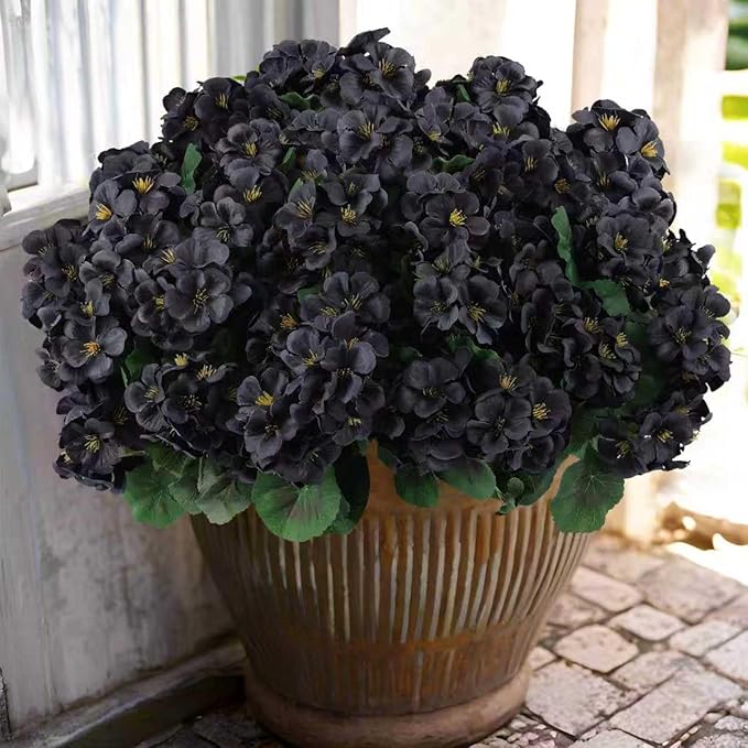 Hananona 12 Bundles Artificial Geranium Flowers for Outdoors Black Silk Geranium Flowers Outdoor UV Resistant Plants Faux Black Flower for Home Kitchen Halloween Table Centerpieces Decor (12, Black)