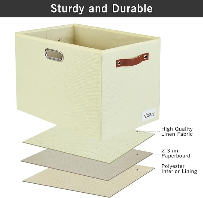 3-Pack Foldable Fabric Storage Bins with Durable PU & Metal Handles , Collapsible Storage Baskets for Shelves, Home Storage, Closet Organizers, Living Room(17"x11.8"x11.8", Beige)