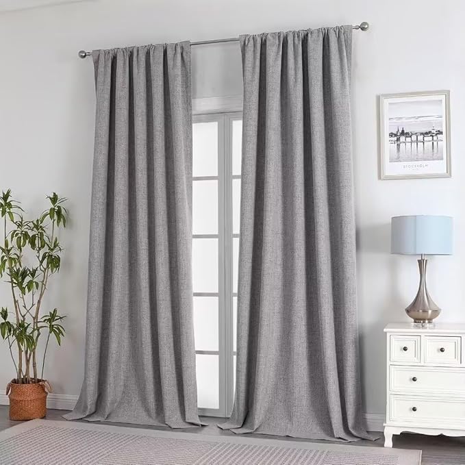 Joydeco Natural Linen Curtains 120 inch Length 2 Panels Set Burg 100% Blackout Patio Door Curtain Room Darkening Sliding Door Curtains Thermal Insulated Back tab Rod Pocket(105x120 inch, Light Grey)