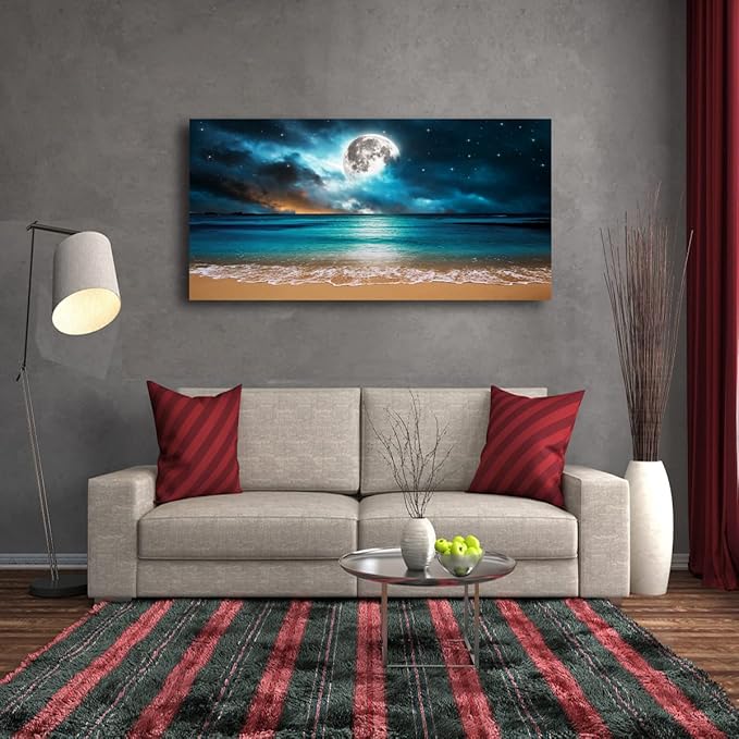 Beach Wall Art Canvas Prints Moon Ocean Landscape Picture Home Decor Natural Seascape Paintings for Living room Bathroom Bedroom Office Kitchen Decorations Modern Artwork Wood Framed 20x40inches