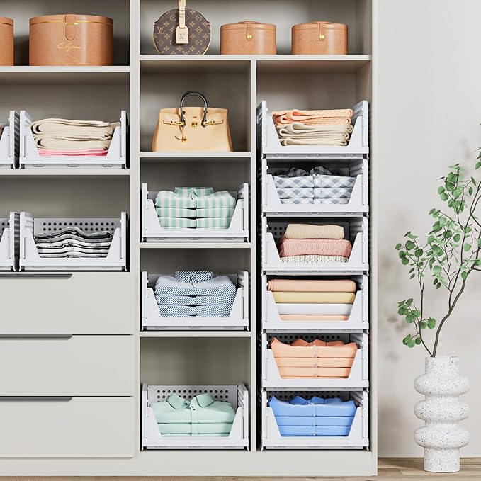 4 Pack Stackable Closet Storage Basket - Stackable Storage Bins, Multifunctional & Foldable Closet Organizer, Wardrobe Cupboard Space-Saving Clothes Storage Hat Organizer, White