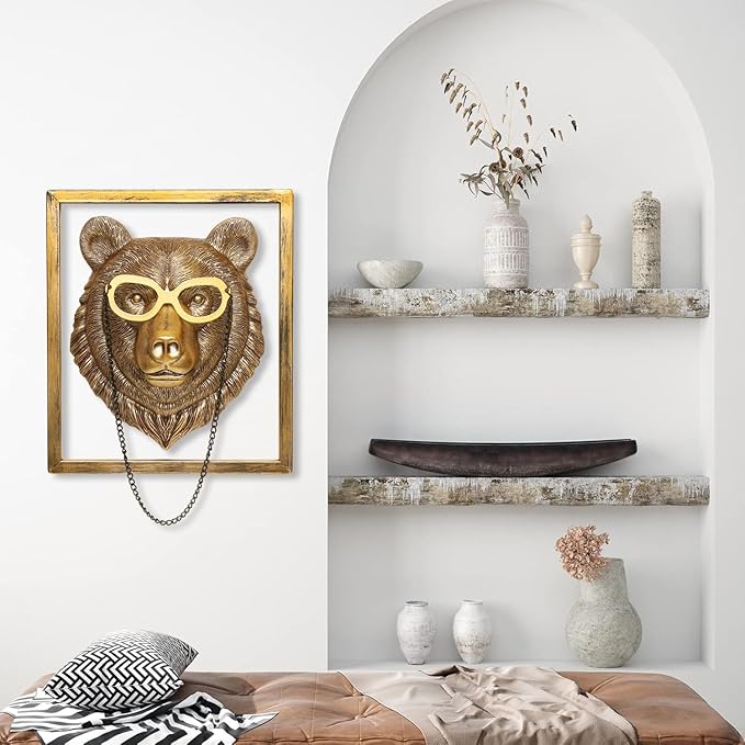 Animal Heads Wall Decor (Includes Metal Frame) Resin Animals Sculptures Head Wall Hanging Decoration Gold vintage Wall Sculpture for Living Room Bedroom Office(Bear)
