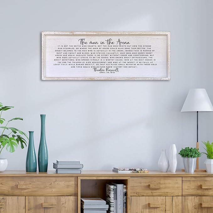 Surfapans The Man In The Arena Wall Decor 40"x15" Morden Office Motivational Wood Framed Sign For Men Large Farmhouse Living Room Inspirational Quotes Positive Speech Home Wall Decoration (White)