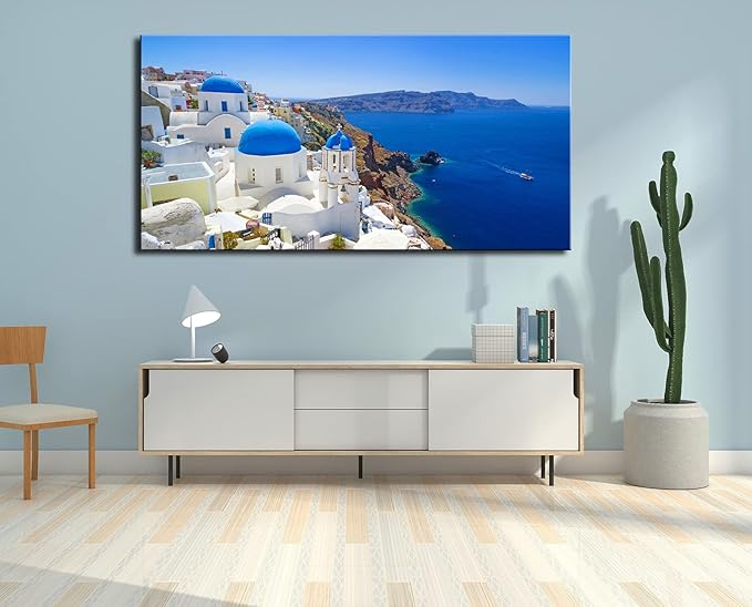 OKEXCKK Large Canvas Print Wall Art Santorini in Greece Painting Wall Decor, Blue Coastal Landscape Artwork Seascape Pictures for Living Room, Bedroom, Office Decoration - 24"x48"