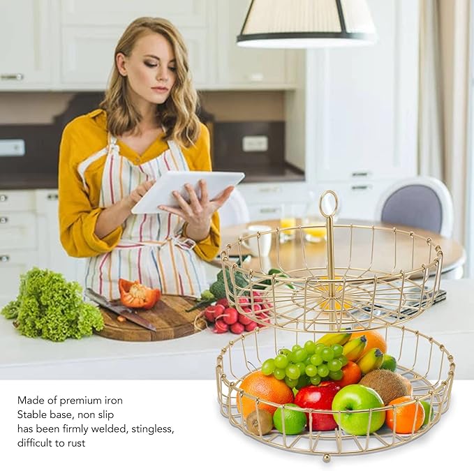 Tiered Fruit Bowl, 2 Tier Fruit Basket, Golden Fruit Basket Iron Round Golden Nordic Household Snack Storage Tray For Party Desktop Kitchen