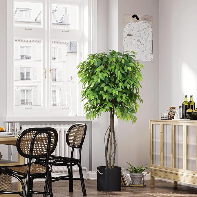 Faux Ficus Tree 5ft(60in) Artificial Floor Plant for Indoor Decor Realistic Potted Tree with Texture Silk Leaves and Natural Wood Trunk for Home Living Room,Office Perfect Housewarming Gift