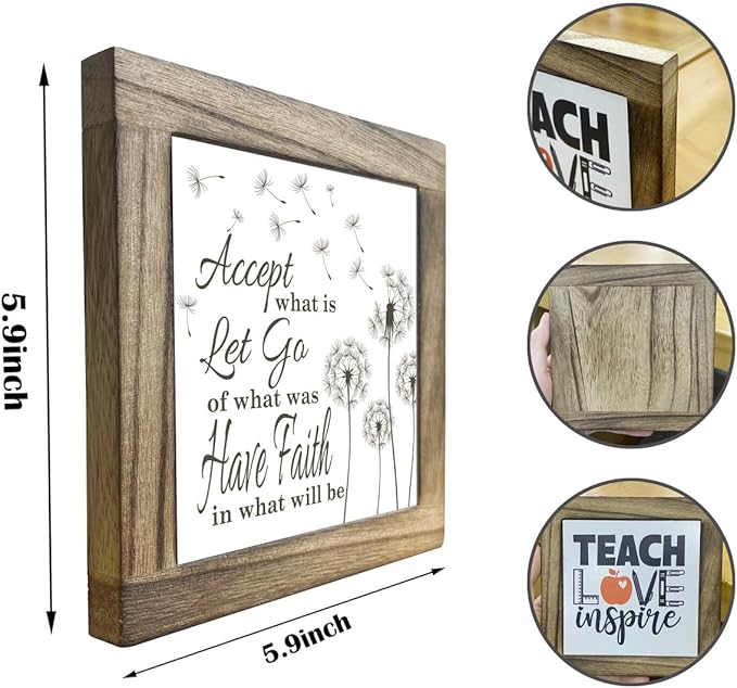 Inspirational Wood Sign, Box Wood Plaques Desk Décor, Table Art Signs, Faith Sign, Farmhouse Home Decor, Encouragement Gifts for Friends Women Bestie, Accept What Is Let Go of What Was Sign