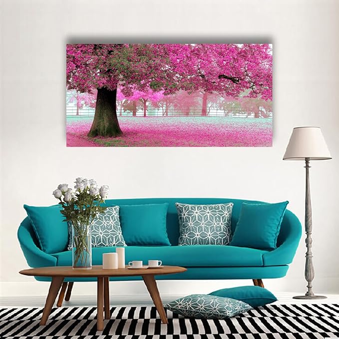 Tree of Life Wall Art Canvas Prints Natural Landscape Pictures Home Decor Pink and Green Paintings for Living Room Bathroom Bedroom Kitchen Decorations 24x48 Wooden Framed Artwork Easy Hanging