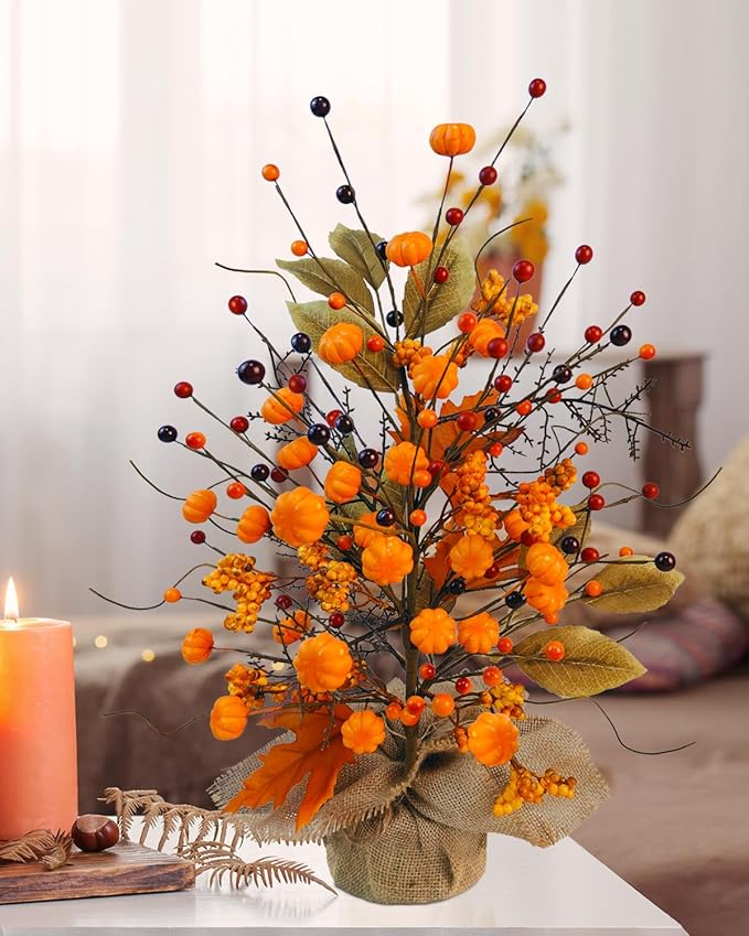 2 Pcs Fall Table Centerpieces Tree, Faux Fall Tree Artificial Fall Tabletop Tree Pumpkin and Maple Leaf Berry with Burlap Base Fall Decorations for Autumn Thanksgiving Party Home Office