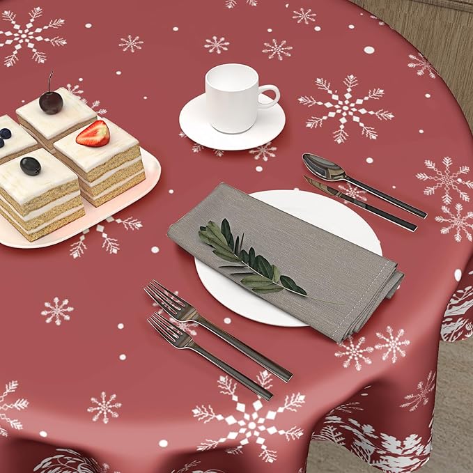 Merry Christmas Tablecloth 60 Inch Round Red Christmas Floral Table Cloth Round Cover Christmas Snowflake Snowy Xmas Table Cloth Winter Farmhouse Decorative for Holiday Home Kitchen Dining Party
