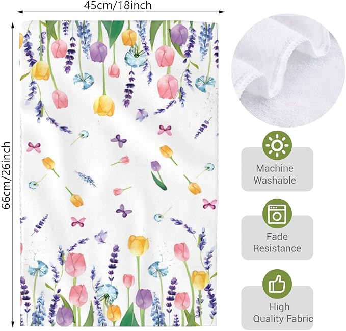 Seasonal Spring Summer Kitchen Towels Dish Towels Set of 2,Lavender Tulip Hand Towels 18x28 Inch Drying Dishcloth,Summer Holiday Dish Towels for Kitchen Bathroom Home Decor Housewarming Gifts