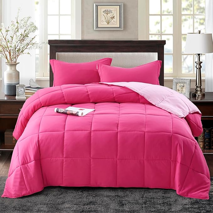 HIG 3pc Pink Twin/Twin XL Comforter Set Duvet Insert, Reversible, All Season, Box Stitched, with Corner Tabs, Soft, Fluffy
