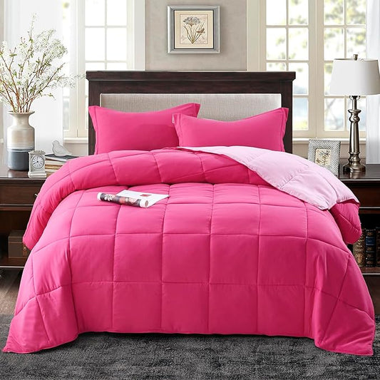 HIG 3pc Pink Twin/Twin XL Comforter Set Duvet Insert, Reversible, All Season, Box Stitched, with Corner Tabs, Soft, Fluffy