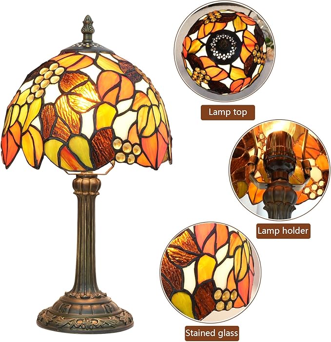 Tiffany Stained Glass Table Lamp, 8-Inch Retro Brown Maple Leaf Design Lovely Bedside Lamp, Suitable for Bedroom, Restaurant, Cafe and Other Furniture Decoration