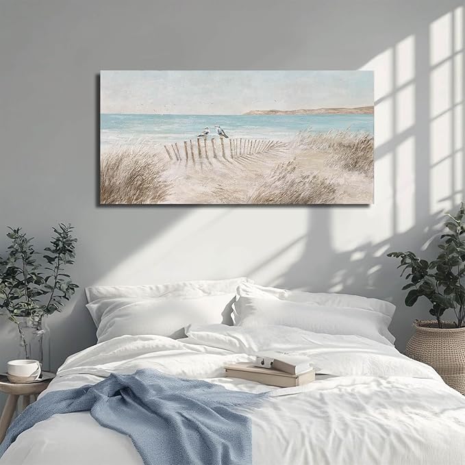 GAIDUOMAI Seascape Wall Decor Modern Artwork Office Sea Bird Painting Sandbeach Canvas Wall Prints 24x48 Inch Bedroom Decorations Ready to Hang