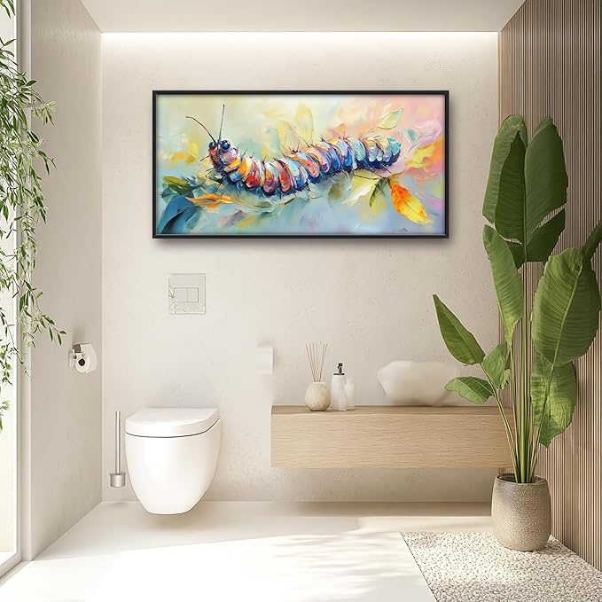 Extra Large Framed Abstract Caterpillar Wall Art,Colorful Cute Caterpillar Leaves Wall Decor Pictures for Living Room,Canvas Print Painting Modern Artwork Bedroom Office Bathroom 60L x30W