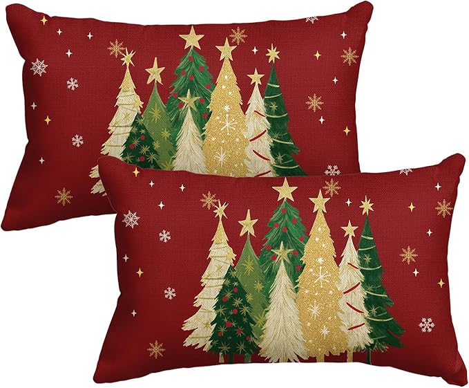 AVOIN colorlife Christmas Trees Star Red Throw Pillow Covers Set of 2, 12 x 20 Inch Snowflake Seasonal Winter Holiday Cushion Case Decoration for Sofa Couch