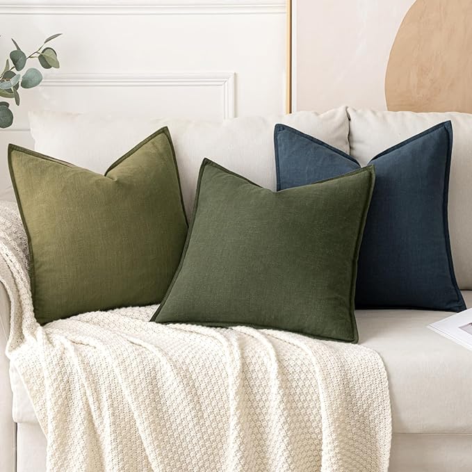 MIULEE Decorative Linen Pillow Covers 20x20 Inch Dark Olive Green Boho Farmhouse Neutral Couch Throw Pillows for Bed Pack of 2 Accent Modern Pillowcase Sofa Livingroom Home Decor