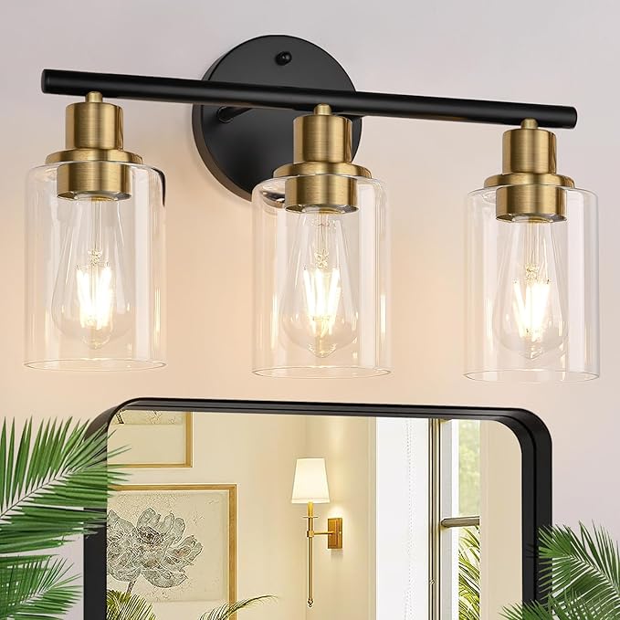 3-Light Bathroom Light Fixtures, Black and Gold Bathroom Wall Lights, Modern Vanity Light with Clear Glass Shade, Bathroom Wall Lamp for Mirror Kitchen Bedroom Hallway Cabinet