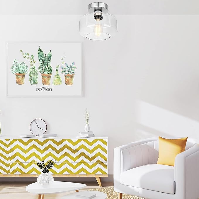 Industrial Semi Flush Mount Ceiling Light Brushed Nickel, 800 Lumen LED Bulb Included, Clear Glass Shade Ceiling Light Fixture, Farmhouse Light Fixture for Hallway Corridor Kitchen Bathroom Bedroom