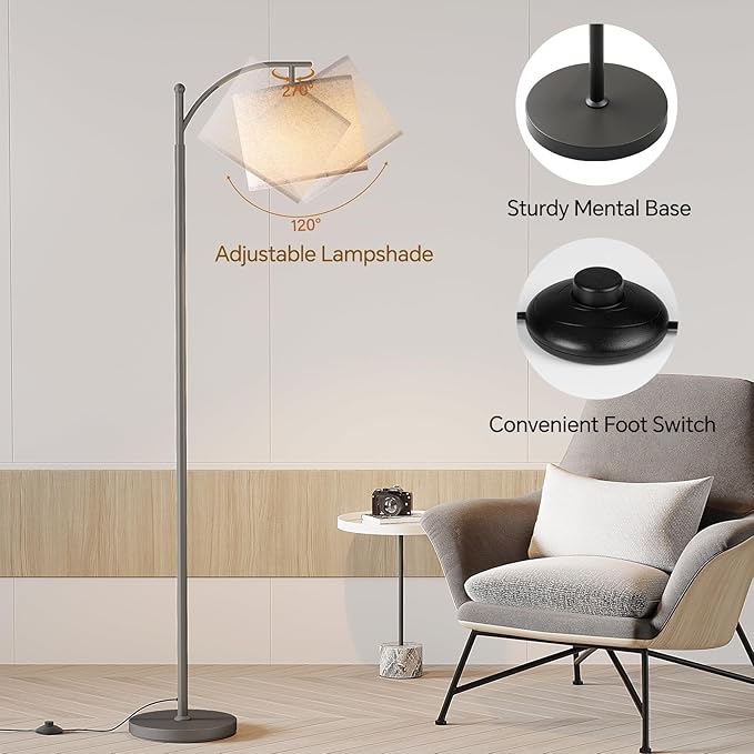 SUNMORY Arc Floor Lamp,Modern Floor Lamp with 9W 3 Color Temperatures Bulb,Metal Standing Lamps with Adjustable Hanging Lampshade,Tall Floor Lamps for Living Room,Bedroom,Office