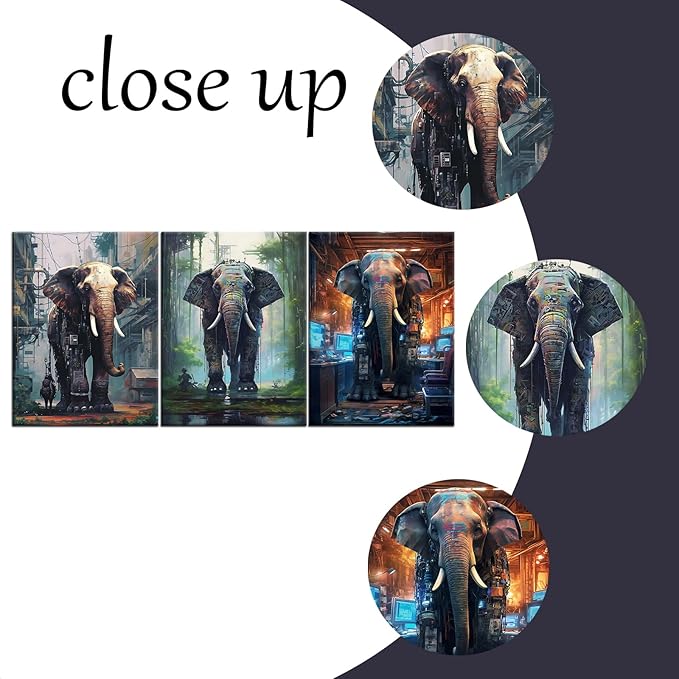 Animal Canvas Wall Art Cyberpunk Style Giant Machine Elephant HD Picture Painting Theme Abstract Poster Print Wall Decor for Modern Home Bathroom Kitchen Workplace Ready to Hang [36''W x 16''H]