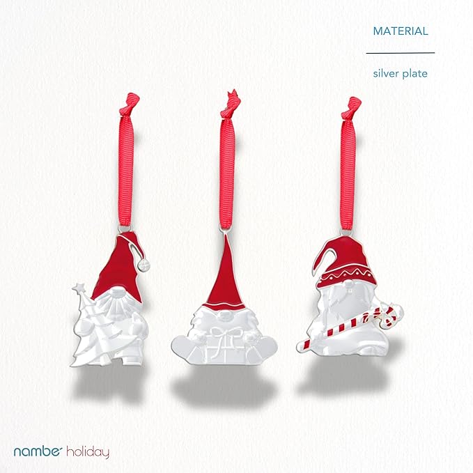 Nambe Whimsical Holiday Mini Gnome Ornament Set – 3 Silver-Plated Hanging Gnome Decorations for Christmas Tree, Seasonal Collectible Ornaments, 3" Each, Silver Plate