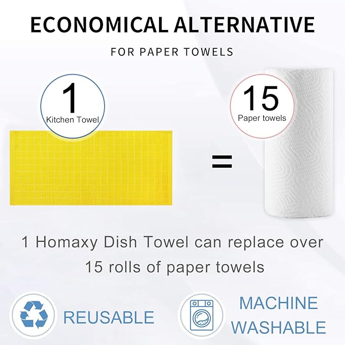 Homaxy 100% Cotton Terry Kitchen Towels(Yellow, 13 x 28 inches), Checkered Designed, Soft and Super Absorbent Dish Towels, 6 Pack
