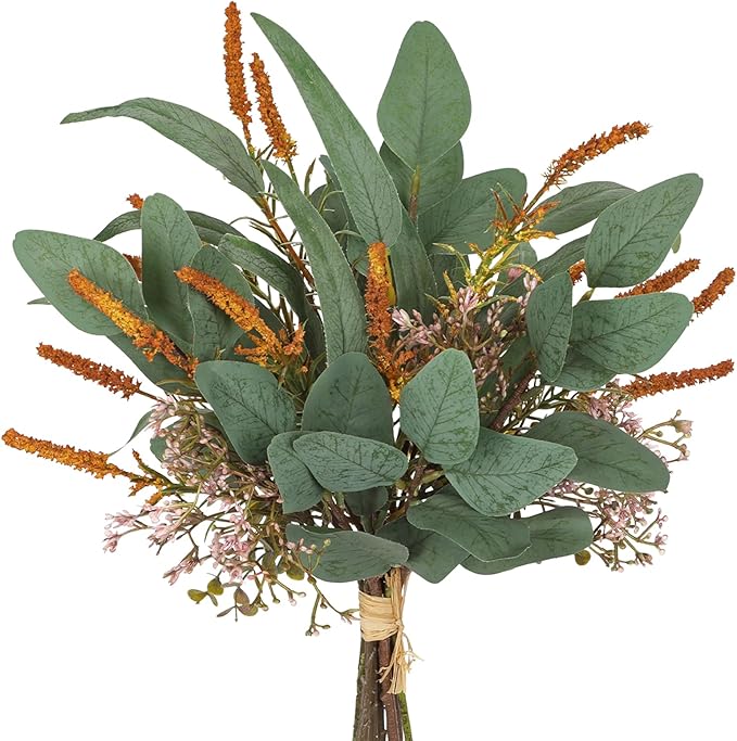Fall Artificial Eucalyptus Bouquet with Orange Sage Leaves – Autumn Faux Greenery Bush with Raffia Wrap for Farmhouse, Kitchen, Table, and Seasonal Home Décor