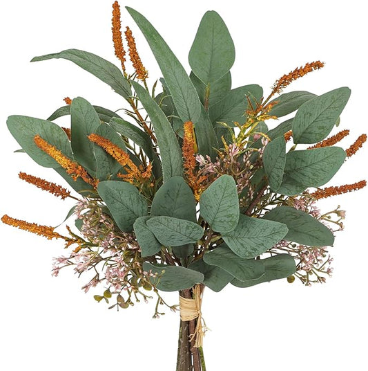 Fall Artificial Eucalyptus Bouquet with Orange Sage Leaves – Autumn Faux Greenery Bush with Raffia Wrap for Farmhouse, Kitchen, Table, and Seasonal Home Décor