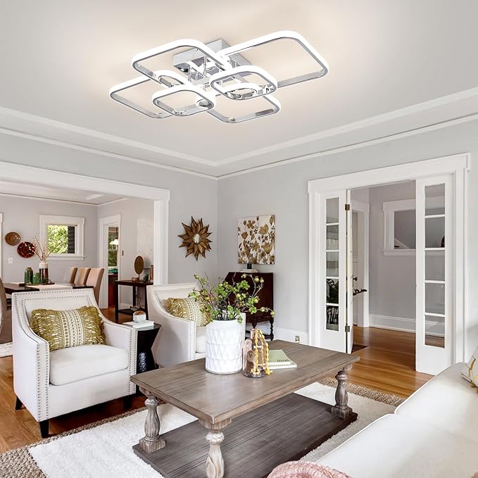 31.5" Modern LED Ceiling Light 6-Square Dimmable Ceiling Light Fixtures with Remote 3000K-6000K Chrome Close to Ceilings Lamp 60W Flush Mount Ceiling Lamp for Living Room, Bedroom