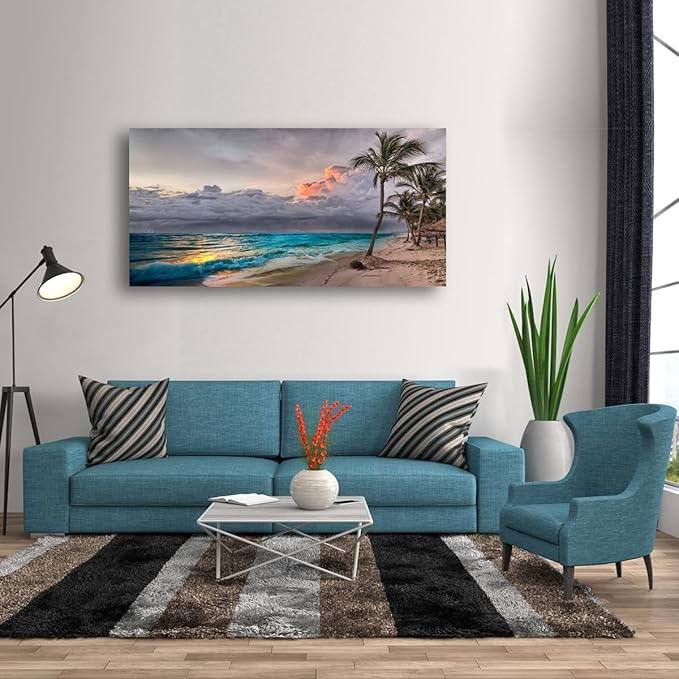Beach Pictures Wall Art Canvas Prints Seascape Poster Bathroom Decor Blue Ocean Green Tree Painting for Living Room Bedroom Home Kitchen Decoration 28x57 Wooden Frame Natural Landscape Artwork