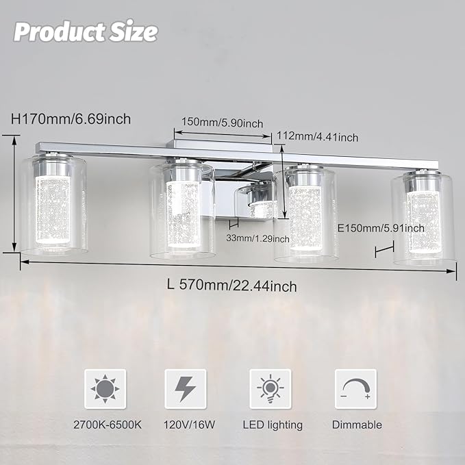 4 Light Chrome Bathroom Light Fixture, Dimmable 5CCT Chromes Bathroom Vanity Lights, 2700K-6500K Modern Crystal Bubble LED Wall Sconce Over Mirror with Clear Glass for Bedroom, Living Room