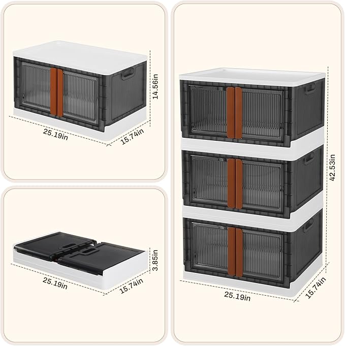 GCCSJ 76Qt Stackable Plastic Storage Boxes with Lids, Foldable Closet Organizers and Storage Containers with Wheels, Collapsible Storage Bins for Home Organization, 3 Pack Grey White