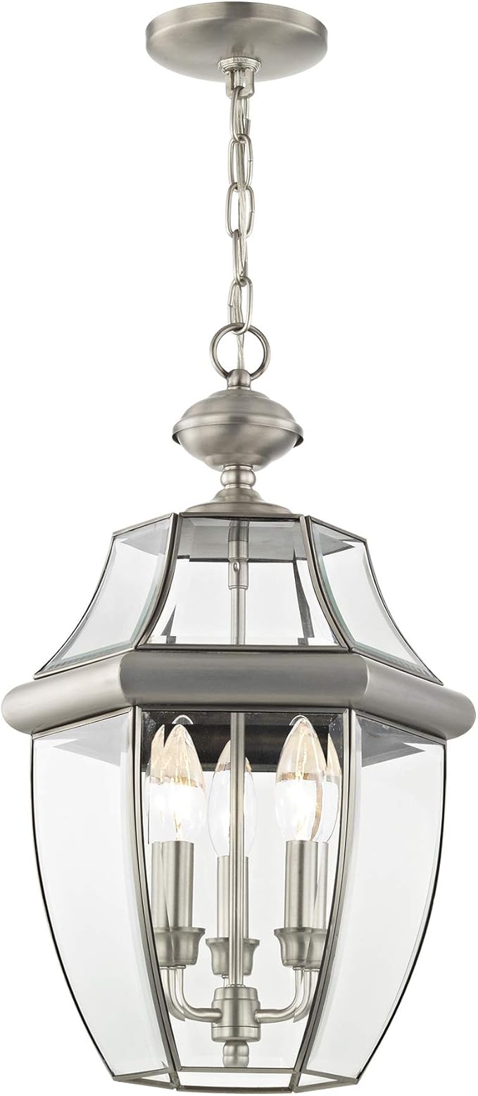 Livex Lighting 2355-91 Monterey 3 Light Outdoor Brushed Nickel Finish Solid Brass Hanging Lantern with Clear Beveled Glass