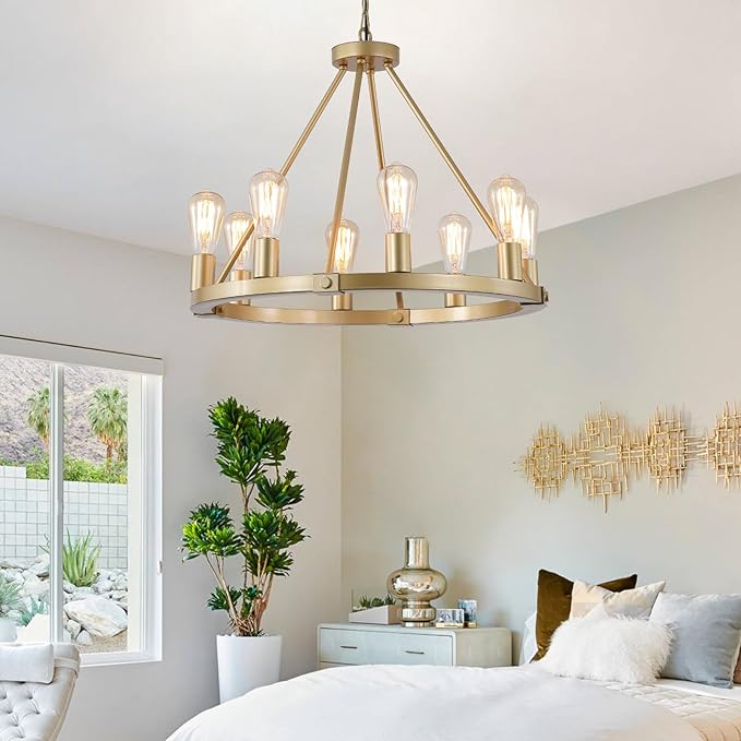 9MMML 23.6“ 8 Lights Golden Wagon Wheel Chandelier, Large Luxury Kitchen Island Pendant Light for Living Dining Room Foyer Entryway,Height Adjustable,E26.