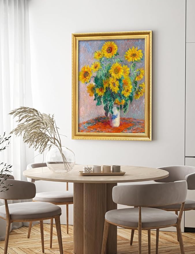 DECORARTS - Claude Monet Sunflowers Giclee Print with Gold Solid Wood Frame, Impressionist Large Framed Wall Art, Ready to Hang, Framed Size 28.75x34.75, Made in USA