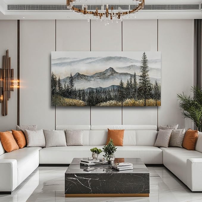 Foggy forest Wall Decor,Framed Canvas Wall Art, Large Artwork Green Mountain Pictures Boho Pine Tree Wall Painting Mountains Landscape Art for Home Living Room Office 29"x58"