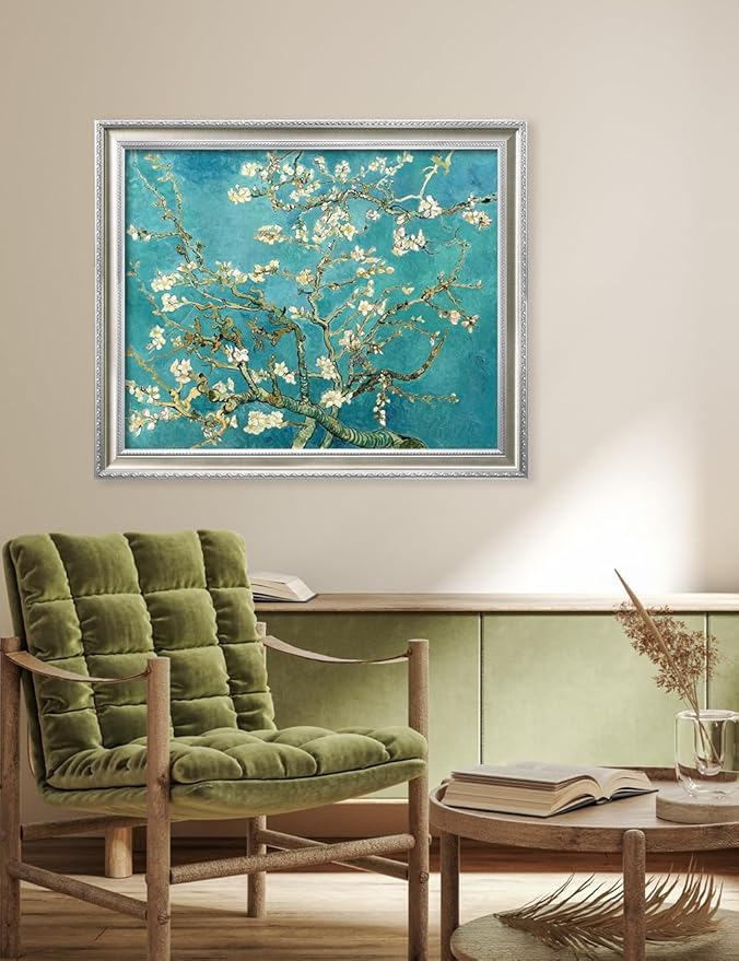 DECORARTS - Almond Blossom Tree, Vincent Van Gogh Art, Silver Solid Wood Frame, Giclee Print on Canvas. Frame Art for Elegant Home Decor. Framed Size: 34.5x28.5