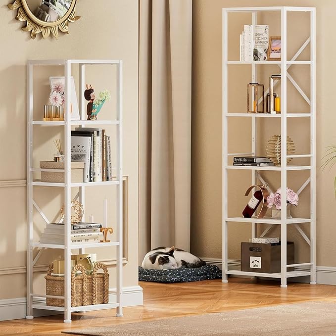 Furologee White Bookshelf 5 Tier Bookcase, Tall Narrow Bookshelves, Modern Freestanding Shelf Units, Metal and Wood Display Storage Corner Shelves Organizer for Bedroom, Living Room, Office, Bathroom