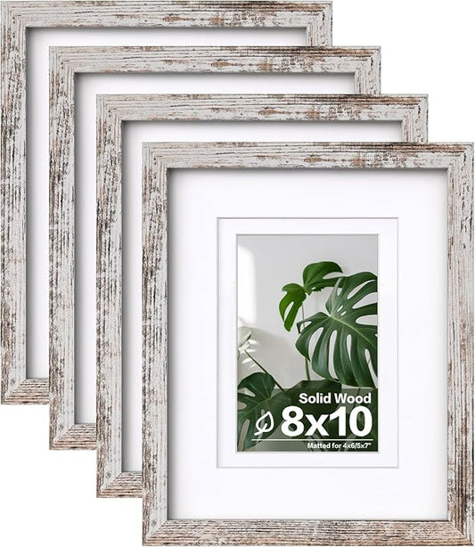 Egofine 8x10 Picture Frames Set of 4, Made of Solid Wood Covered by Plexiglass 4x6 and 5x7 with Mat or 8x10 without Mat, for Table Top Display and Wall Mounting Photo Frame Rustic White