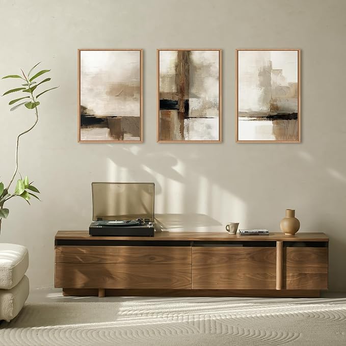HOURIA Large Abstract Neutral Framed Canvas Wall Art Set,Brown Beige Wall Decor,Minimalist Black Wall Painting,Modern Brush Stroke Line Art Print for Living Room,Bedroom,Office- 16"x24"x3
